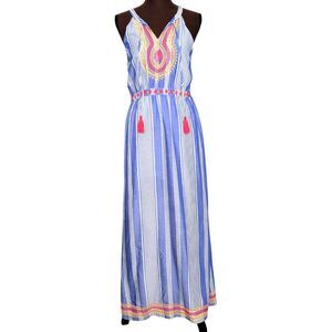 THML Dress Womens Size M Maxi Blue White Embroidered Trim Sleeveless